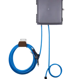 A blue hose connected to a black box.