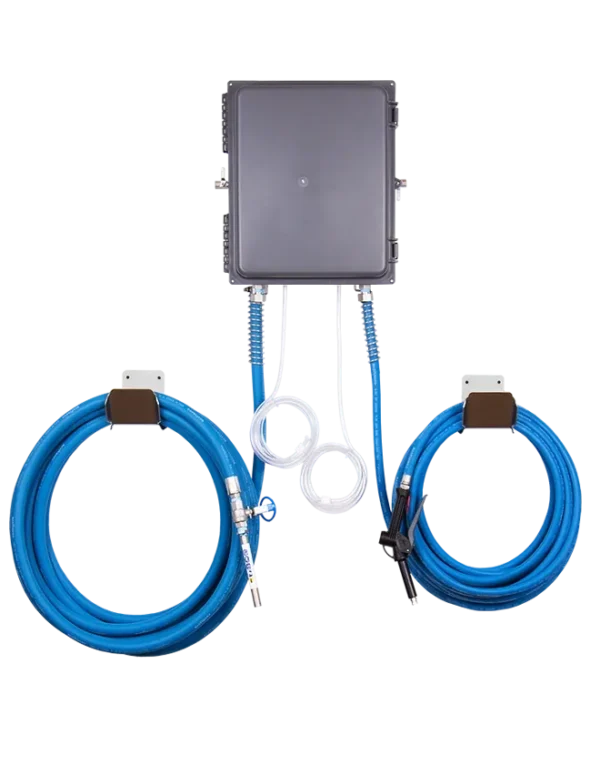 A couple of blue hoses are connected to a wall