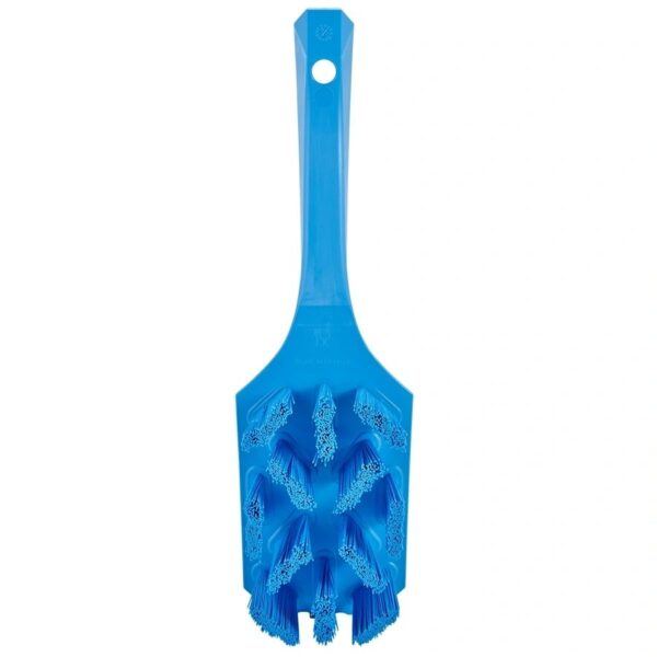 A blue plastic spatula with a handle.