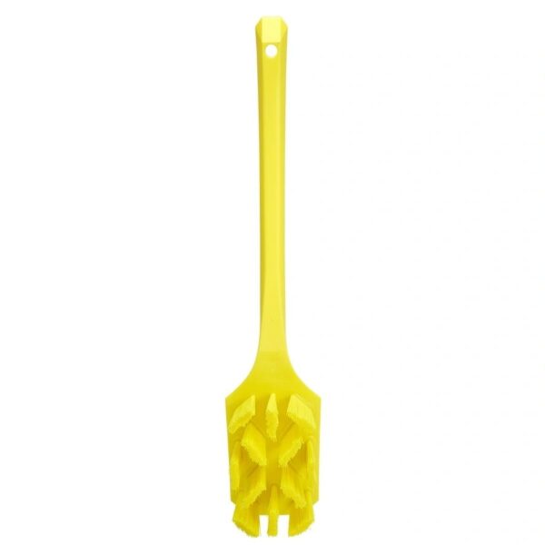 A yellow spatula with a handle and a design on it.