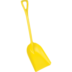 Yellow plastic shovel with a handle.