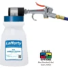 A spray gun with the lid open next to a container.