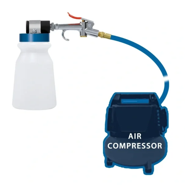 A blue air compressor with a spray bottle attached to it.