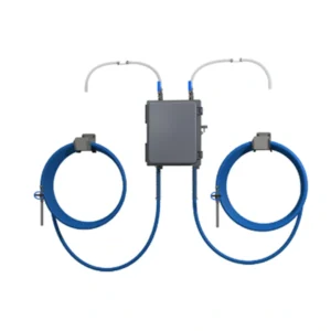 A pair of blue wires connected to a device.