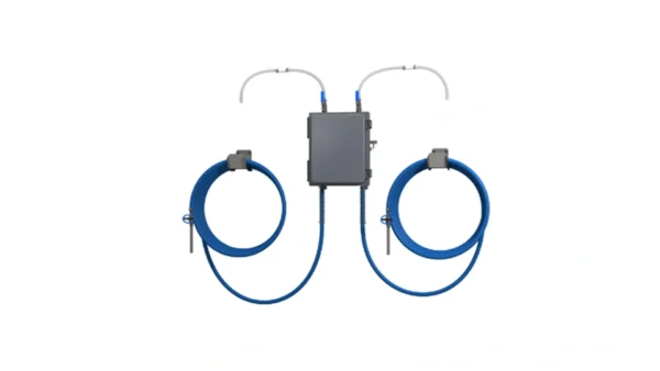 A pair of blue wires connected to a device.