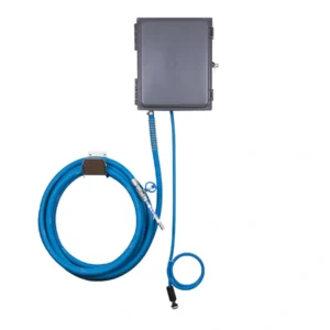 A blue cable is connected to the back of a box.