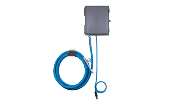 A blue cable is connected to the back of a box.