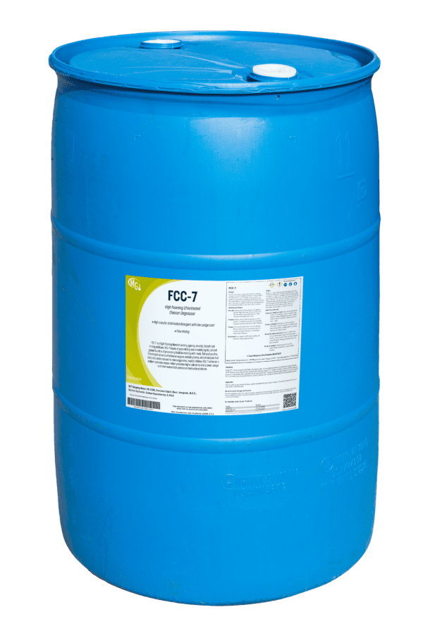 Blue drum labeled FCC-7 high-flow cleaner degreaser.