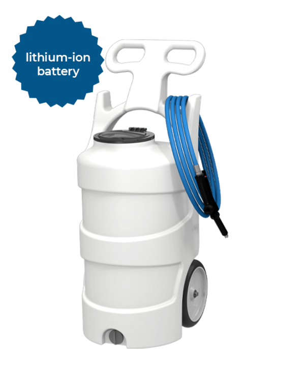 White lithium-ion battery powered sprayer.