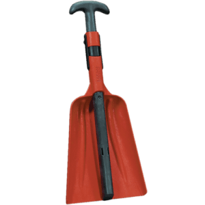 Red and black collapsible snow shovel.