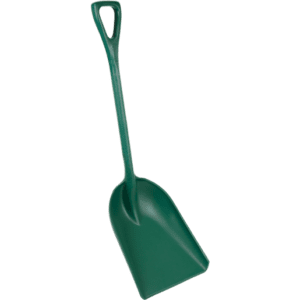 Green plastic garden shovel with handle.