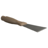 A putty knife with a beige handle.